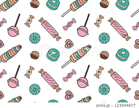 Sweets different candies doodle Seamless pattern with caramel on stick, wrapped candies, lollipop. Vector patterns endless. Color sample pattern for wallpaper, fabric, packaging, background. Sweets different candies doodle Seamless pattern with caramel on stick, wrapped candies, lollipop. Vector patterns endless. Color sample pattern for wallpaper, fabric, packaging, background. 123044677