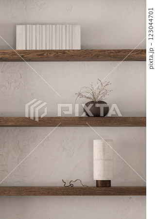 Wabi sabi decoration elements for living room. Brown handmade irregular shaped ceramic vase, textured clay wall, solid oak shelves Wabi sabi decoration elements for living room. Brown handmade irregular shaped ceramic vase, textured clay wall, solid oak shelves 123044701