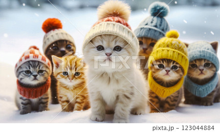 Cute fluffy kittens wearing knitted hats and scarfs in winter forest. Pets on a wintry street. Funny domestic animals. Feline pets Wintertime calendar This is AI-generated item Cute fluffy kittens wearing knitted hats and scarfs in winter forest. Pets on a wintry street. Funny domestic animals. Feline pets Wintertime calendar This is AI-generated item 123044884
