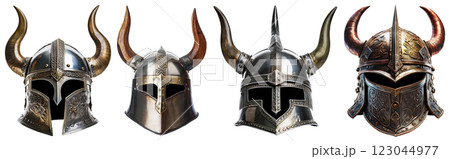 Collection of Horned Helmets Isolated on White Background - Generative Ai 123044977