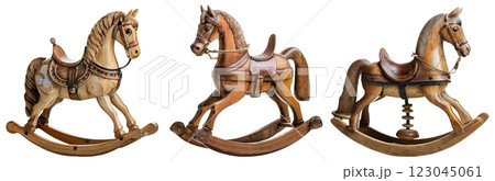 Collection of Wooden Rocking Horses Isolated on White Background - Generative Ai 123045061
