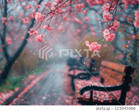 Rain falling on cherry blossoms . 123045066
