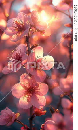 Sunset, peach blossoms blooming on the branches, with sunlight shining 123045067