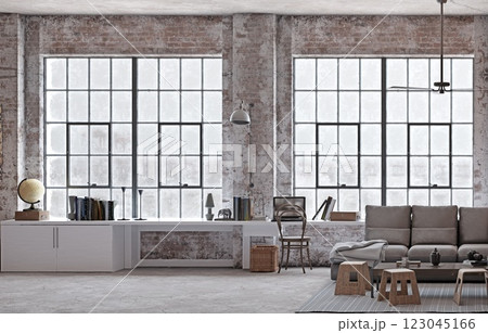 Industrial loft with brick walls, large windows, 123045166