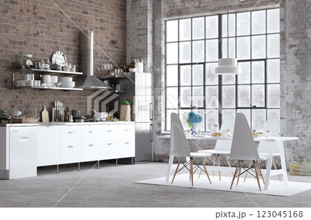 Stylish kitchen with brick wall, white cabinets Stylish kitchen with brick wall, white cabinets 123045168