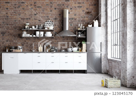 Industrial-style kitchen with exposed brick walls 123045170