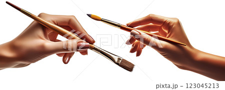 Hand of a Female Painter Artist Holding a Paintbrush Isolated on White Background - Generative Ai 123045213