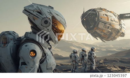 Futuristic space exploration with astronauts on distant planet, advanced spaceship, and rugged terrain in sci-fi setting 123045397