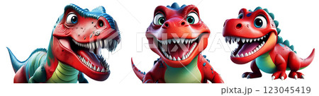 Smiling Tyrannosaurus Rex Dinosaur Rubber Toy Isolated on White Background - Generative Ai 123045419