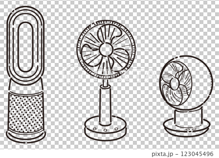 Electric fan illustration set: Line drawing, living room fan, tower fan, circulator 123045496