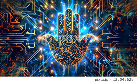 Futuristic holographic Hamsa hand design overlaid on a detailed electronic circuit board 123045629
