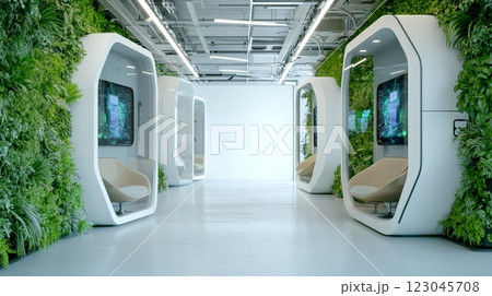 Futuristic green office with privacy pods 123045708