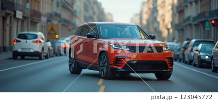 A vibrant orange SUV moves through a bustling urban street, capturing the golden light of the late afternoon. Surrounding vehicles and buildings create a dynamic setting. 123045772
