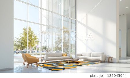 Sunlit modern lobby with colorful rug 123045944
