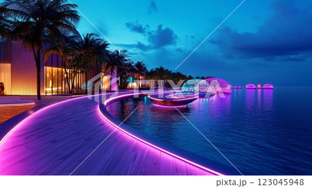 Tropical paradise neon lights by the water Tropical paradise neon lights by the water 123045948