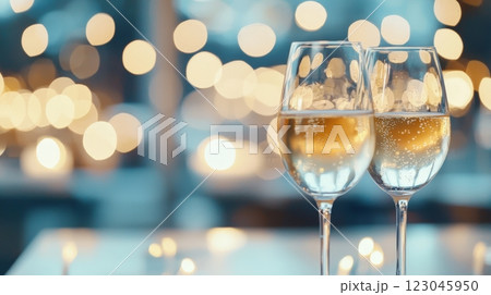 Two Glasses of Sparkling Wine with Bokeh Lights for a Festive Celebration Two Glasses of Sparkling Wine with Bokeh Lights for a Festive Celebration 123045950