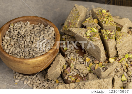 halva made from roasted sunflower seeds and crushed into one solid mass 123045997