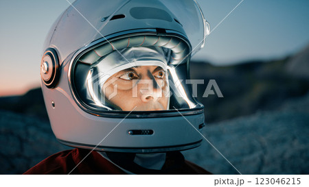 Astronaut With Helmet Prepares For Cold Night In Uninhabited Planet 123046215