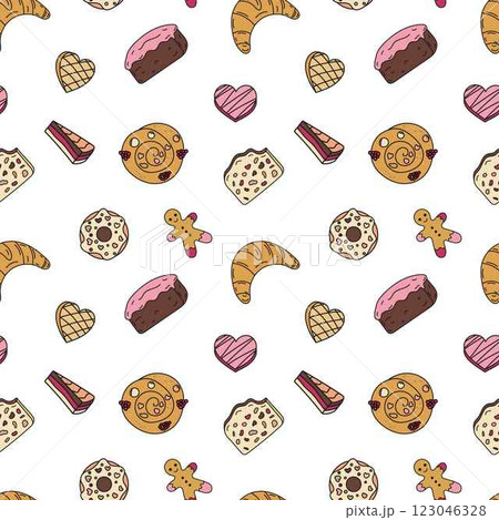 Sweets doodle Seamless pattern with bun, doughnut, croissant, chocolate cake. Vector patterns endless. Color sample pattern for fabric, packaging, background. 123046328