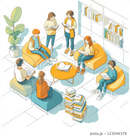 A Group of Diverse People Enjoying Reading and Relaxing in a Cozy Library Setting 123046376
