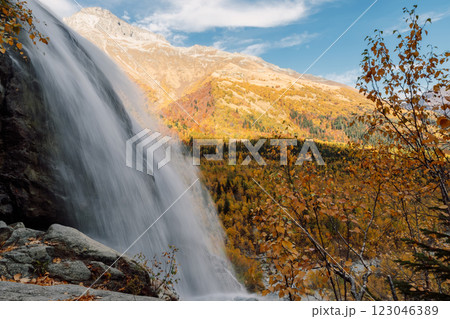 Waterfall n mountains with rocks in autumnal season 123046389