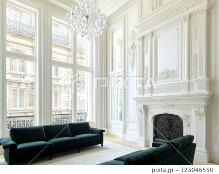 Grand parisian living room with ornate fireplace 123046550