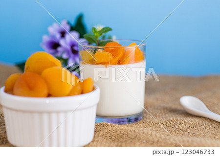 Light fruit yogurt with dried apricots and mint 123046733