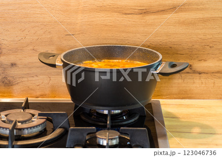 The process of cooking a hot dish in the kitchen 123046736