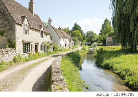 Picturesque English Village with Stone Cottages and Winding Stream 123046789