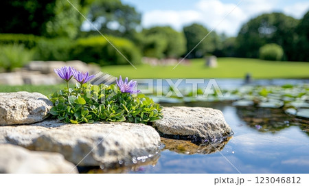 Serene water lily garden pond Serene water lily garden pond 123046812
