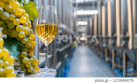 White Wine Glass with Grapes in Winery Setting. 123046879