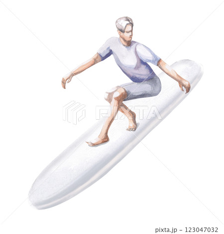Guy on a surfboard in a T-shirt and shorts. Isolated watercolor illustration on the theme of surfing for the design travel agencies, restaurants, sports stores, sports magazines and websites. Guy on a surfboard in a T-shirt and shorts. Isolated watercolor illustration on the theme of surfing for the design travel agencies, restaurants, sports stores, sports magazines and websites. 123047032