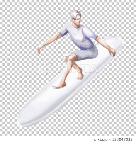 Guy on a surfboard in a T-shirt and shorts. Isolated watercolor illustration on the theme of surfing for the design travel agencies, restaurants, sports stores, sports magazines and websites. 123047032