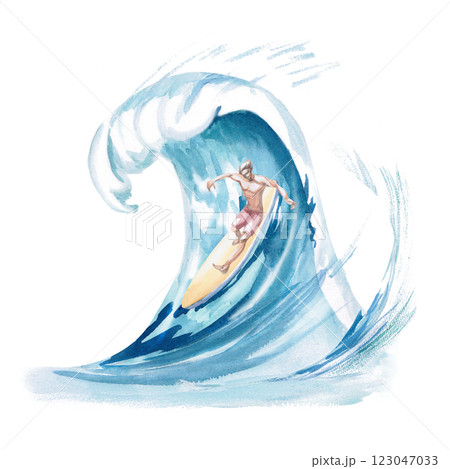 Guy on surfboard on big wave. Isolated watercolor illustration on surfing theme for cafes design, travel agencies, restaurants, sports shops, sports magazines and websites Guy on surfboard on big wave. Isolated watercolor illustration on surfing theme for cafes design, travel agencies, restaurants, sports shops, sports magazines and websites 123047033