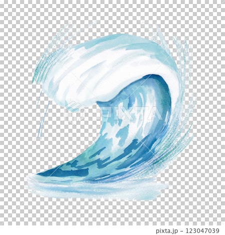 Big ocean horizontal wave. Isolated watercolor illustration on tourism theme for design of cafes, travel agencies, restaurants, sports shops, sports magazines and websites. 123047039