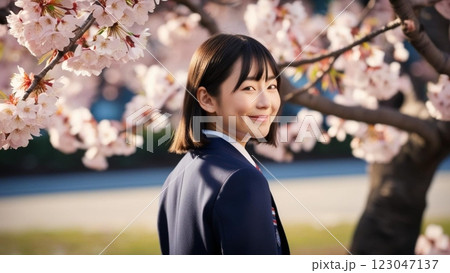 満開の桜　振り返る女子学生 123047137