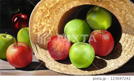 Green and red apples in a straw hat on a wooden table. 123047242