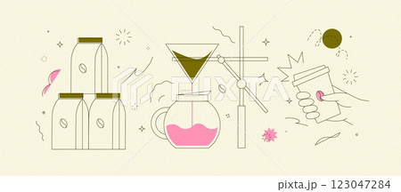 Coffee maker, pack of coffee, take away cup light yellow 123047284