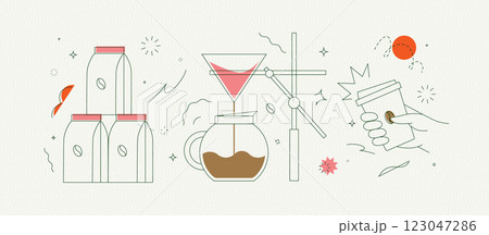 Coffee maker, pack of coffee, take away cup 123047286