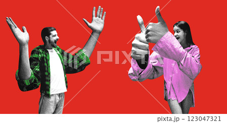 Man celebrating with raised hands while woman gives thumbs up, both expressing enthusiasm and mutual excitement against red background. 123047321