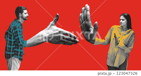 Man offering handshake while woman raises hand in rejection, displaying conflicting emotions against red background. Conceptual art collage. 123047326