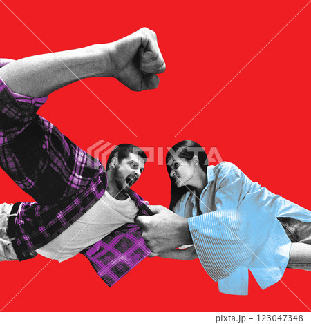 Man lunging forward with clenched fist while woman pulls his shirt, both engaged in intense confrontation against red background. Man lunging forward with clenched fist while woman pulls his shirt, both engaged in intense confrontation against red background. 123047348