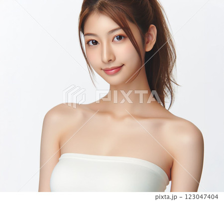 白いチューブトップの美女 123047404