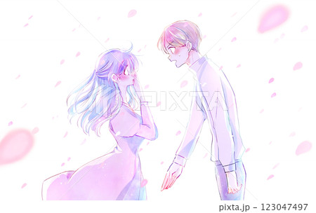 告白する男性と驚く女性　風　桜吹雪　逆光 123047497