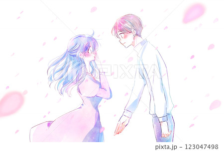 手を差し出す男性と泣く女性　風　桜吹雪 123047498