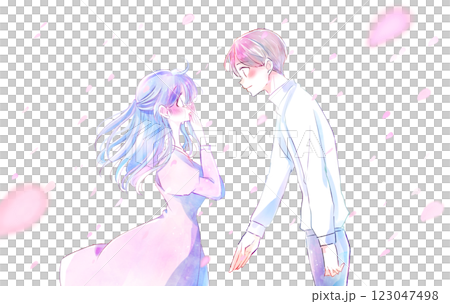 手を差し出す男性と泣く女性　風　桜吹雪 123047498