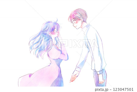 手を差し出す男性と泣く女性　風 123047501