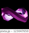 Futuristic 3D faceted infinity symbol, abstract purple ribbon with lighting on a black background, modern digital art, neon geometric shape, concept of infinity and eternity 123047650
