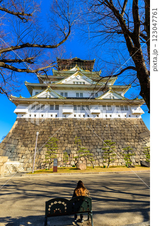 斜陽に映える大阪城天守閣、1月17日、日本 123047761