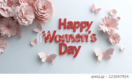 A beautifully crafted paper design featuring large flowers in soft shades of pink, creating a delicate and elegant atmosphere. The words Happy Women's Day are boldly displayed in red in the center. 123047954